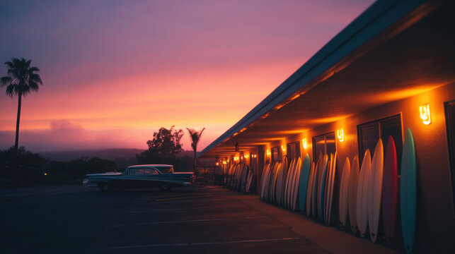 classic beachside motel with surfboards and vintage car at sunset