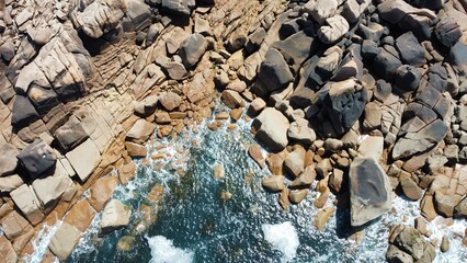 Aerial photo of The Pink Granite Coast in Brittany, France. Atlantic ocean