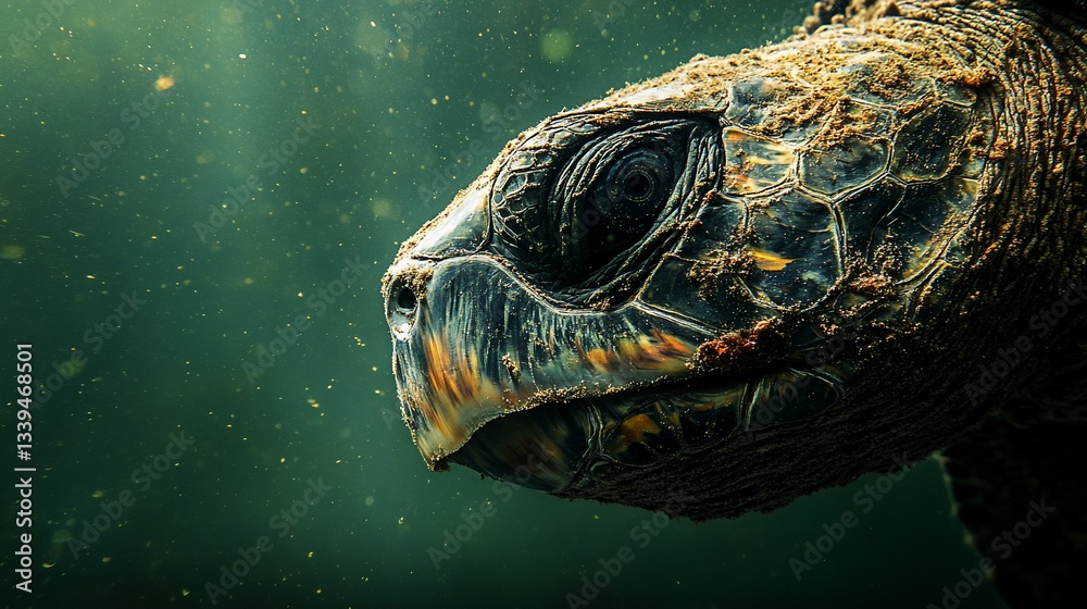 Poster close-up of a turtle's head underwater, showcasing its textured shell and dark eye.