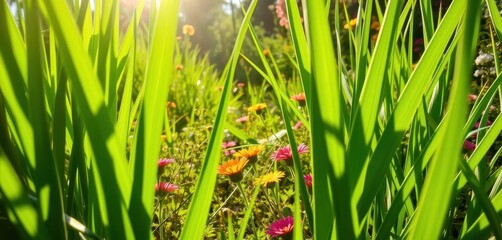 Obraz premium Green blades part revealing vibrant wildflowers and sunlit ground, texture, orange
