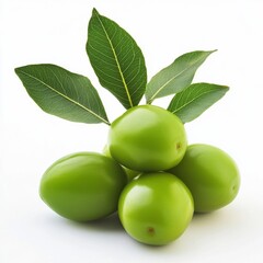 Obraz premium Fresh Green Jujubes with Green Leaves, Isolated on White Background
