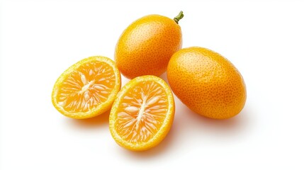 Fresh Kumquats, Whole and Halved, Isolated on White Background