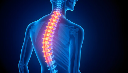 Human spine in x-ray on blue background. The lumbar spine is highlighted by red-yellow colour , with white tonespng