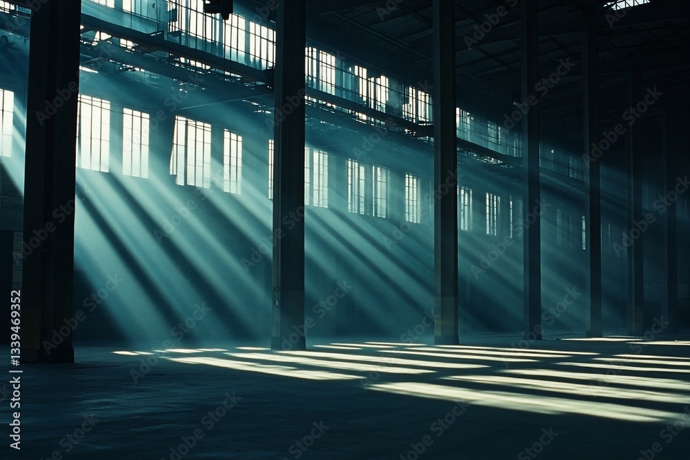 Poster Sunbeams illuminate an empty, large industrial warehouse interior, creating dramatic light and shadow patterns on the floor.