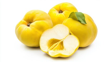 Fresh Ripe Yellow Quinces with Cut Slice Isolated on White Background