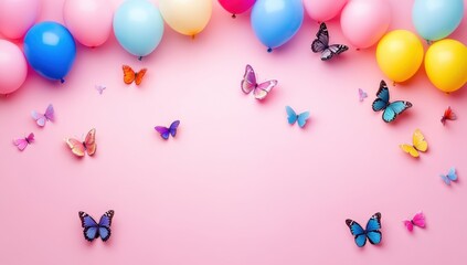 colorful balloons and butterflies on a pink background, top view with copy space for text or design Web banner with copy space Generative AI