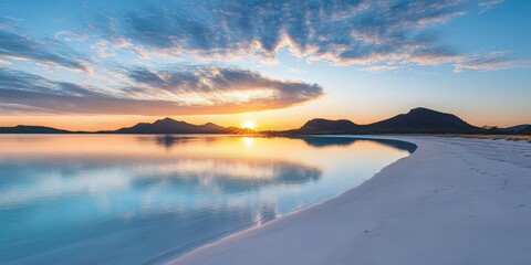 Sunset over serene beach and mountains