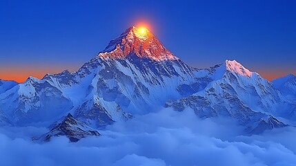 Majestic sunrise over snow-capped Himalayan peak.