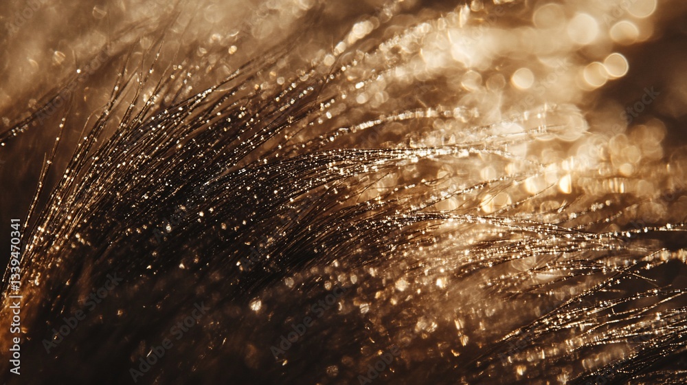 Poster close-up of dark feather with water droplets, bokeh background.