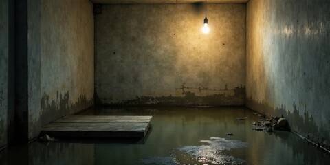 A solitary bulb illuminates a flooded concrete chamber, a wooden platform partially submerged in the murky water, casting long shadows and creating an atmosphere of mystery and isolation.