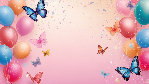 a collection of colorful balloons and butterflies on a pink background, perfect for celebration or party themes Generative AI