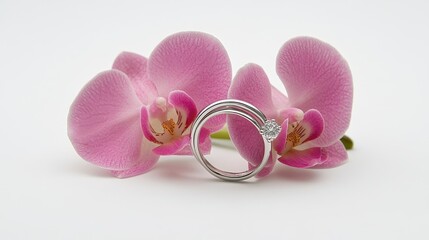 Fototapeta premium A lovely composition of pink orchids and two intertwined wedding rings on a white background.