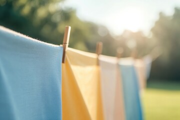 row of vintage clotheslines with colorful garments gently swaying in breeze set against rustic countryside backdrop