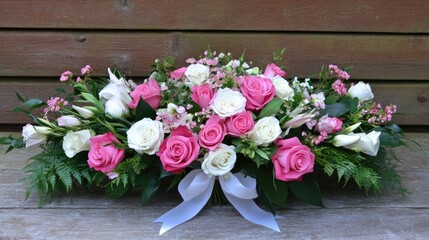 A luxury floral arrangement of pink and white roses, bound with a classic ribbon, surrounded by vibrant green foliage.