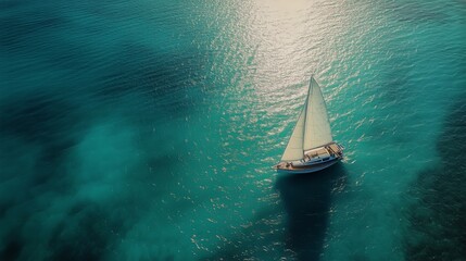 Sailing Boat Navigates Turquoise Ocean Waters, Aerial View During Bright Sunny Day