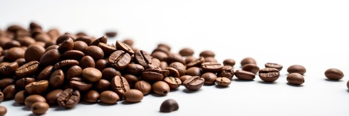 Naklejka premium Wide panorama of coffee beans, isolated, white background , espresso, isolated, coffee shop