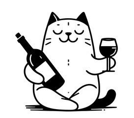 cute cat holding wine bottle and glass vector