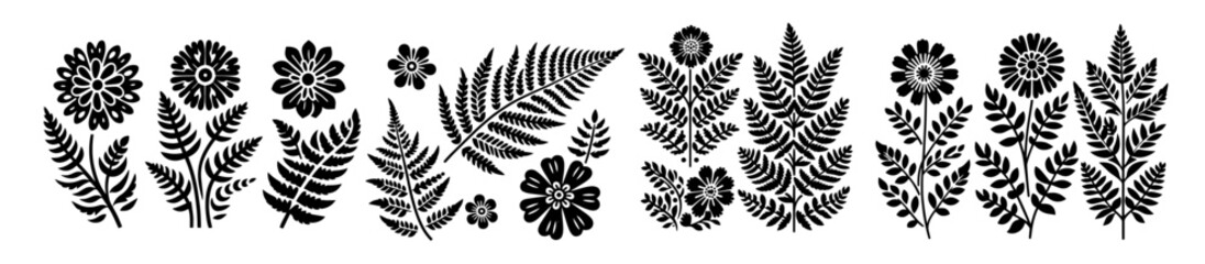 decorative floral and leaf collection in black and white, inspired by folk art patterns and nature motifs © Luka
