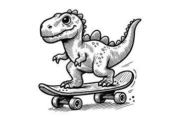 funny cartoon dinosaur riding skateboard in black and white sketch style, vector illustration