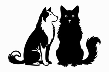 a dog and a ragdoll sitting together line art silhouette vector illustration