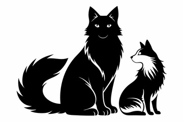a dog and a ragdoll sitting together line art silhouette vector illustration