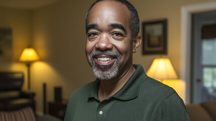 Obraz premium Smiling man indoors, posed, looking at the camera, warm home ambiance, used for advertising