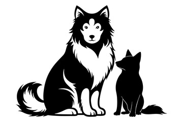 a dog and a ragdoll sitting together line art silhouette vector illustration