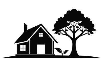 a house icon with a tree beside it line art silhouette vector illustration