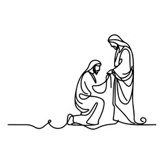 jesus blessing kneeling man, one line drawing vector, minimalist christian religious artwork illustration