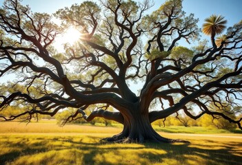 Fototapeta premium Ancient oak tree dominates sun-drenched meadow, gnarled branches reaching skyward, trunk, single