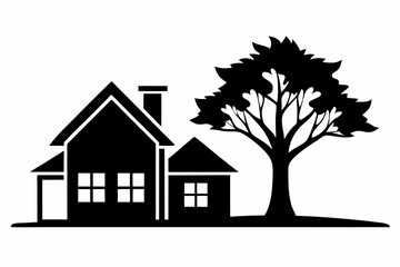 a house icon with a tree beside it line art silhouette vector illustration