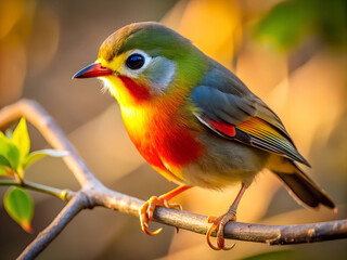 A Red billed liotrix on a Tree Branch with sunset.  cute liotrix isolated on branch.