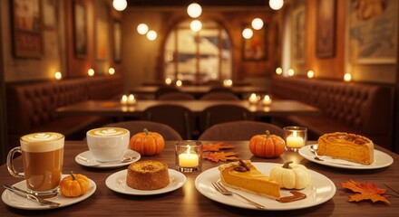Fototapeta premium Pumpkin Spice Latte and Pie Autumn Treats in Cozy Restaurant Setting