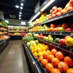 Blurred shelves, colorful produce, grocery shopping atmosphere, abstract background, market background, supermarket