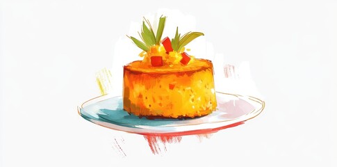 An artistic painting of a dessert on a decorative plate