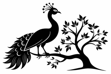  a peacock bird on a tree line art silhouette vector illustration