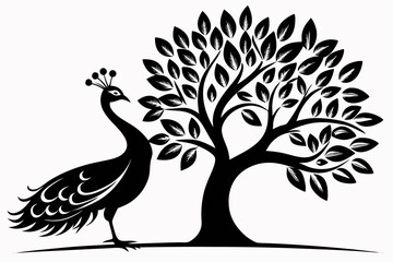  a peacock bird on a tree line art silhouette vector illustration