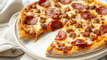 A serving of Italian sausage and pepperoni pizza with a crispy crust, placed on a white plate with a neutral background and ample copy space.