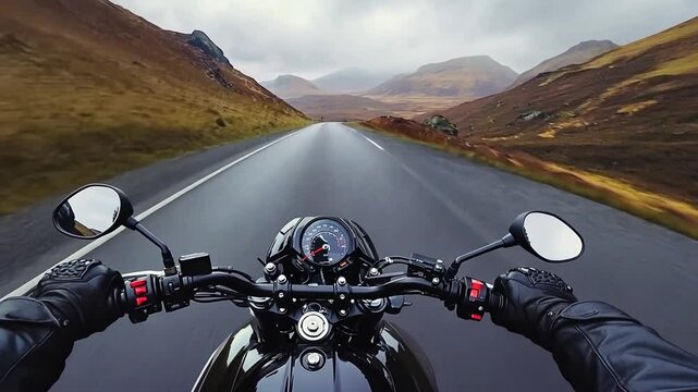 Motorcycle Adventure: Riding through the Highlands on a Scenic, Winding Road