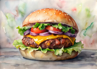 Juicy Cheeseburger Watercolor Painting. A Mouthwatering Masterpiece