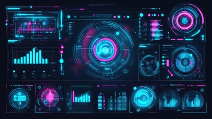 A neon-lit futuristic interface with data-driven business strategy insights.