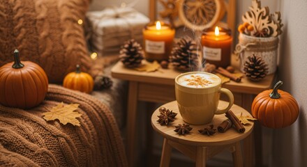 Pumpkin Spice Latte Still Life with Cozy Autumn Decorations and Candles