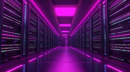 A neon-lit high-speed network hub transferring encrypted digital information.
