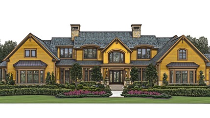 Fototapeta premium Yellow Mansion for Suburban Estate, Landscaping.