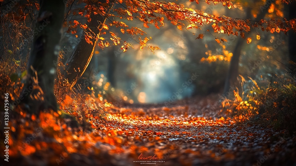Aufkleber sunlit autumn path through forest with red leaves.