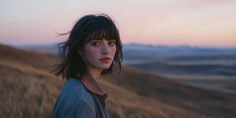 Woman gazing at twilight landscape
