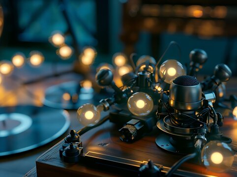 A close-up shot of a vintage silver and black ribbon microphone on a wooden stage, surrounded by glowing Edison bulbs. Nearby, classic vinyl records and a turntable spin.