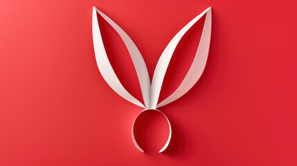 Happy Easter greeting card with head and white paper cut Easter Bunny Ears isolated on a red background, illustration, Generative Ai