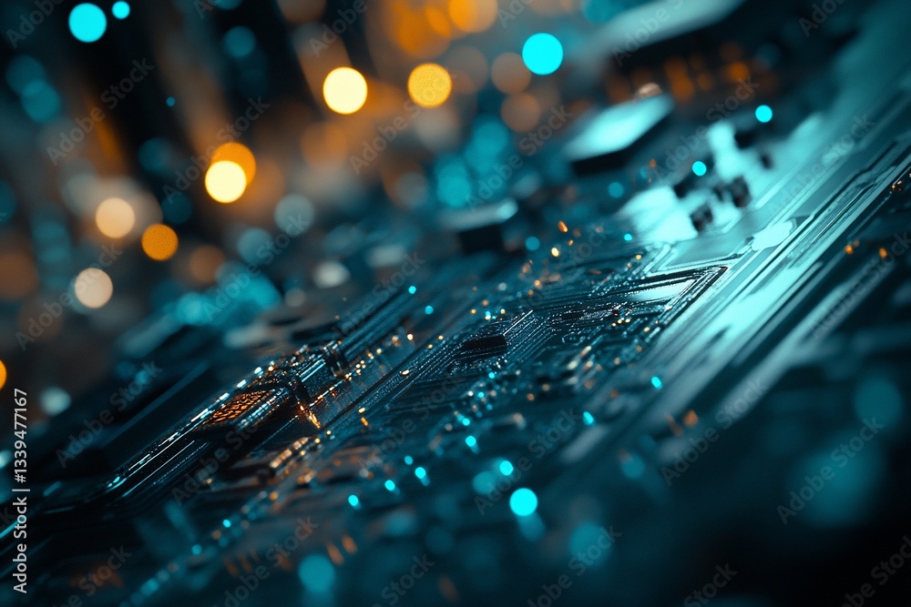 Poster Close-up of a circuit board with glowing components and bokeh lights in the background.