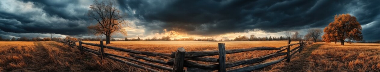 Rustic wooden fence at sunset in a field